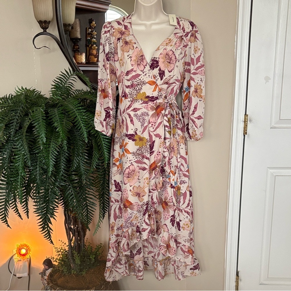 Brand New Mi Ami Floral High Low Wrap Midi Dress Ruffled Hem 3/4 Sleeves Boho